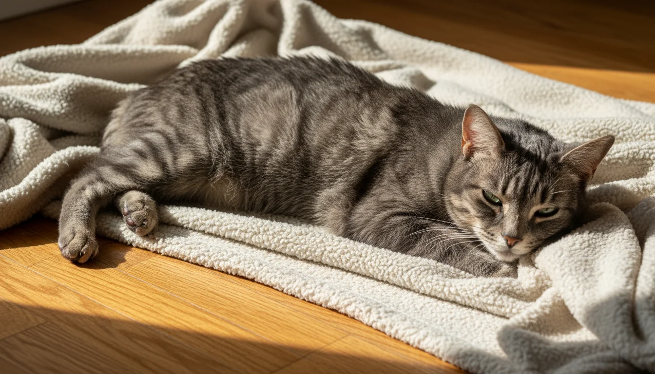 A senior gray tabby cat, curled up on a soft blanket in sunlight, shows signs of aging with a dull coat, subtle mat, and gentle gaze.