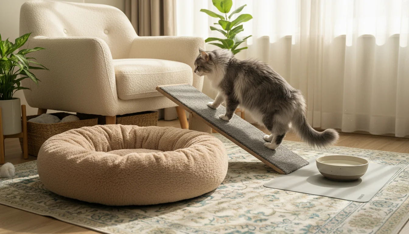 A senior grey-and-white cat descends a carpeted pet ramp from an armchair to a soft cat bed, with a water bowl nearby.