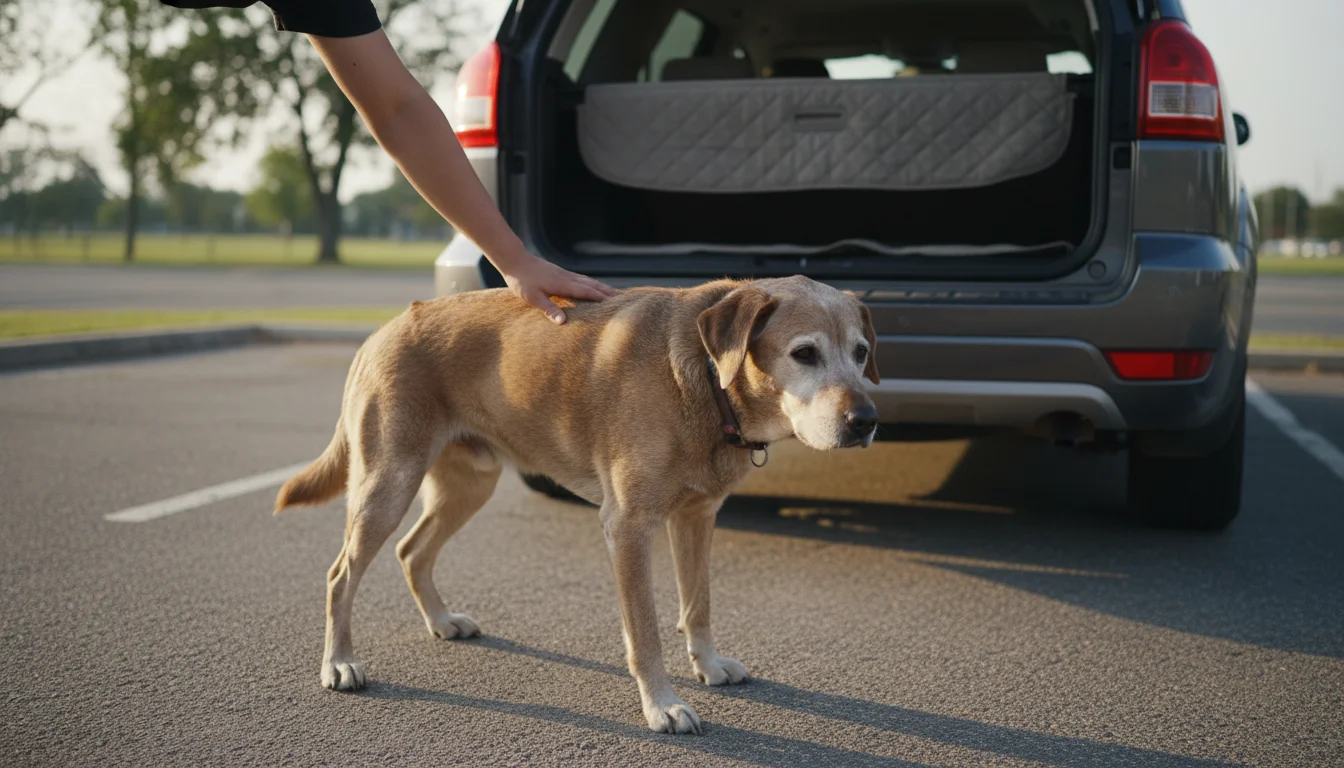 Senior Labrador hesitates to jump into an SUV, a human hand gently on its back. Shows reluctance and discomfort.