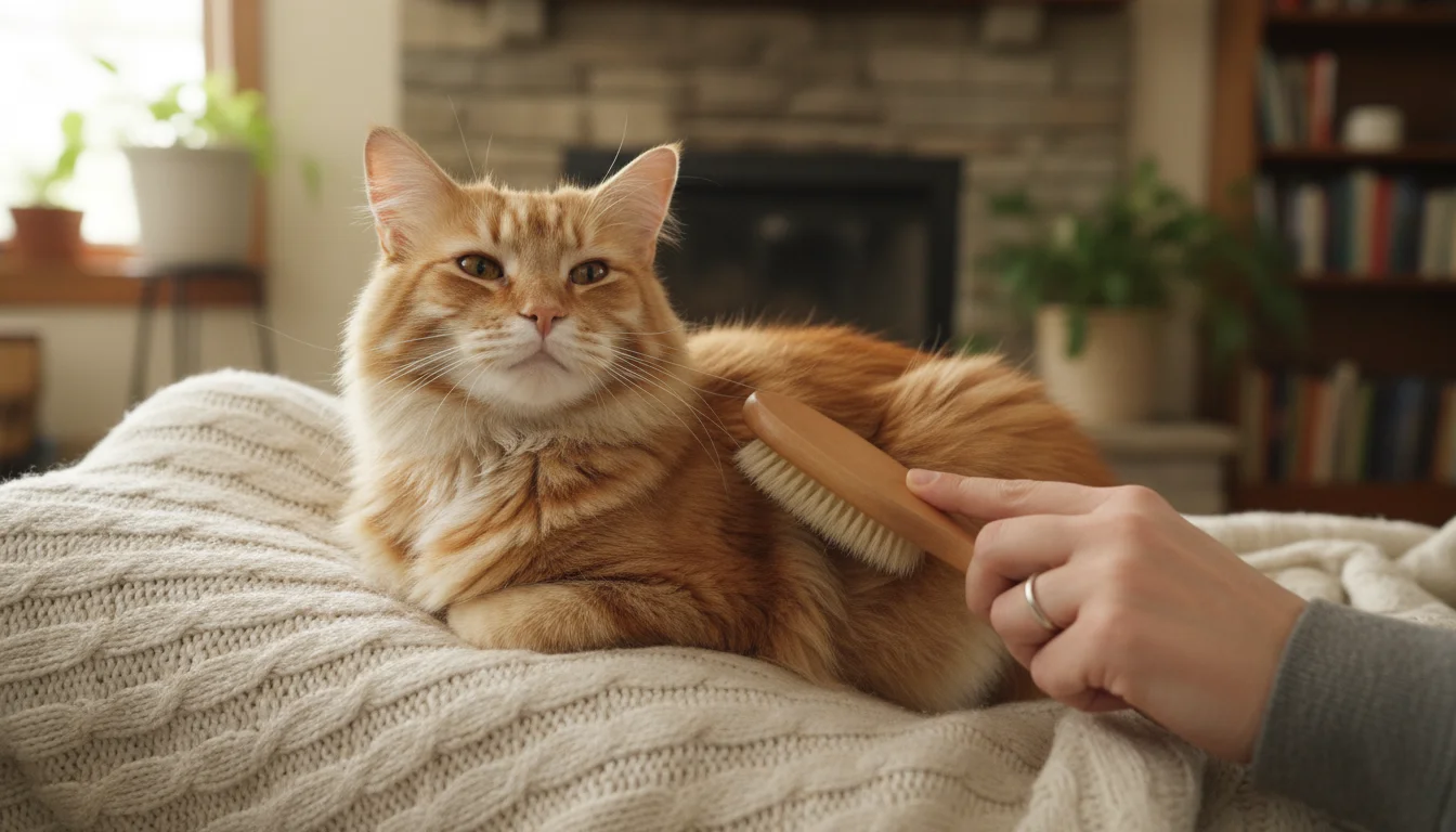 A senior long-haired tabby cat rests peacefully on a human's lap, eyes closed, as a gentle hand brushes its fur.