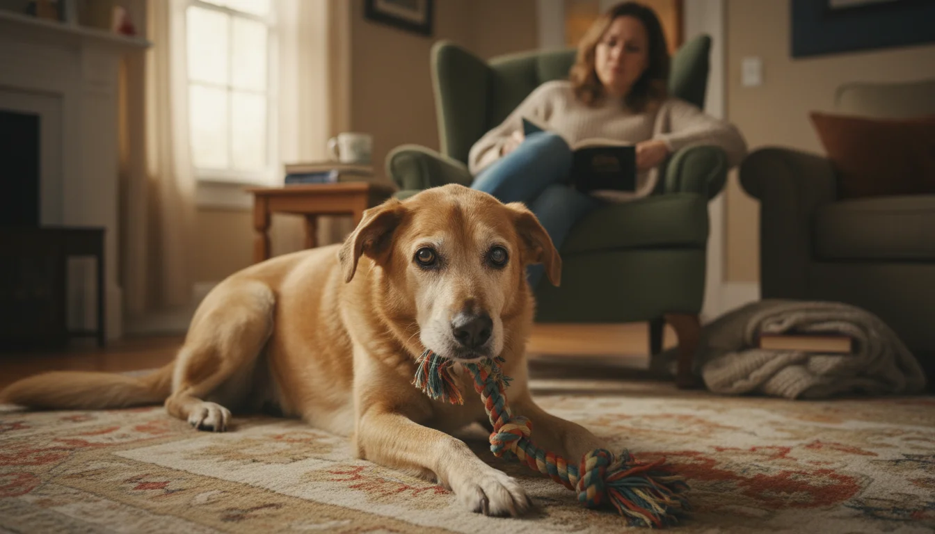 A senior mixed-breed dog lies on a rug, disinterested in a chew toy, while a woman watches it from a couch.