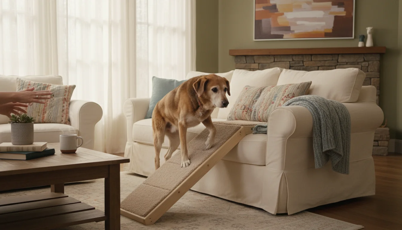 A senior mixed-breed dog slowly walks up a low, carpeted ramp towards a sofa in a sunlit living room, with a human hand nearby.