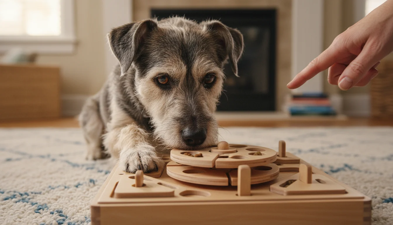 A senior scruffy terrier mix dog with a graying muzzle intently works on a wooden treat puzzle toy, with a person's hand gently resting on its back.