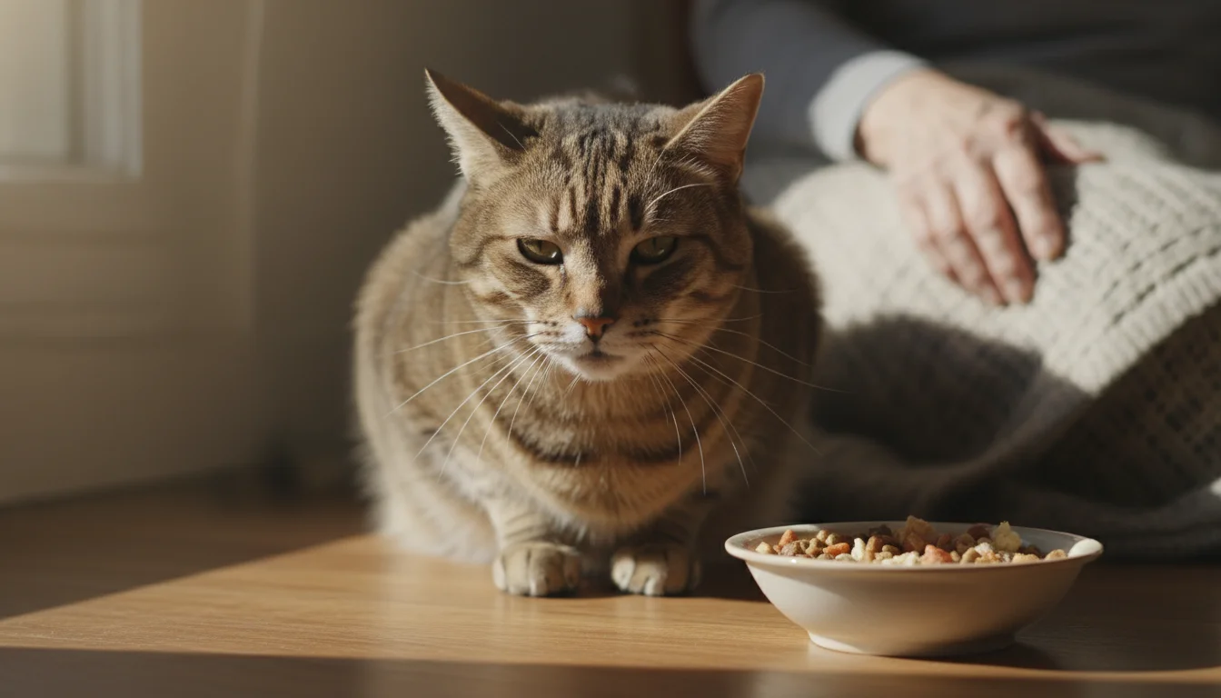 A senior tabby cat with slightly drooped whiskers sits hesitantly before an untouched food bowl, an owner's hand gently blurred in the background.