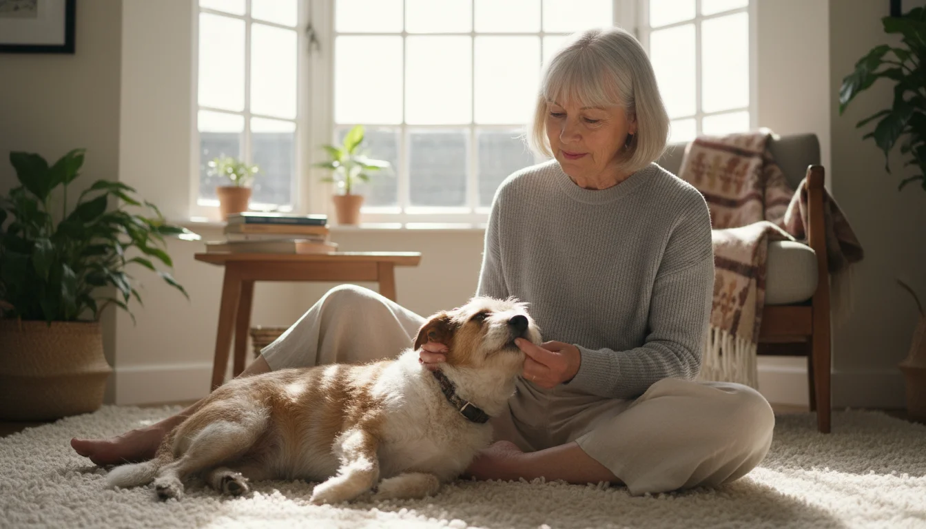 A senior woman gently examines her calm terrier-mix dog's mouth while sitting on a rug in a sunlit living room.