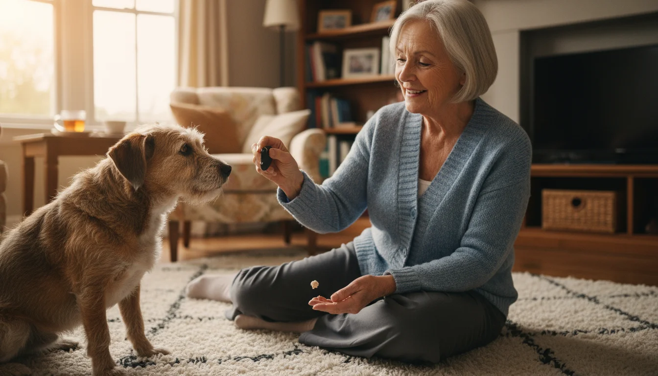 A senior woman offers a small chicken treat to her attentive terrier dog, holding a clicker, in a calm living room.