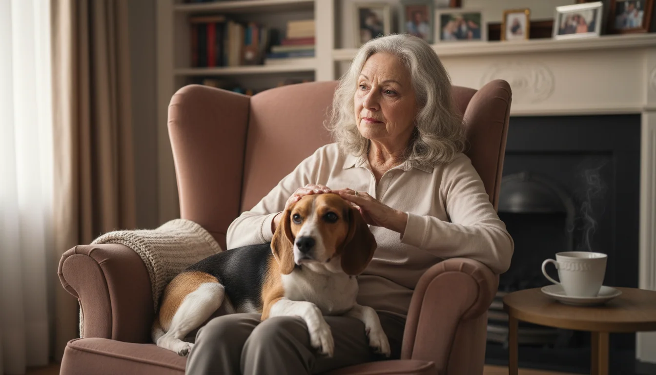 A senior woman sits in an armchair, thoughtfully stroking a calm beagle mix dog resting its head on her lap.