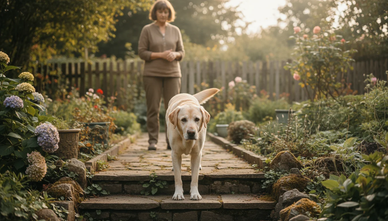 A senior yellow Labrador with a graying muzzle carefully descends two garden steps, while a person thoughtfully observes its movement.