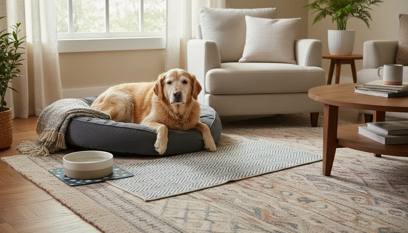 A serene living room, thoughtfully adapted for a senior dog with a cozy bed, non-slip rug, and a dog resting peacefully.