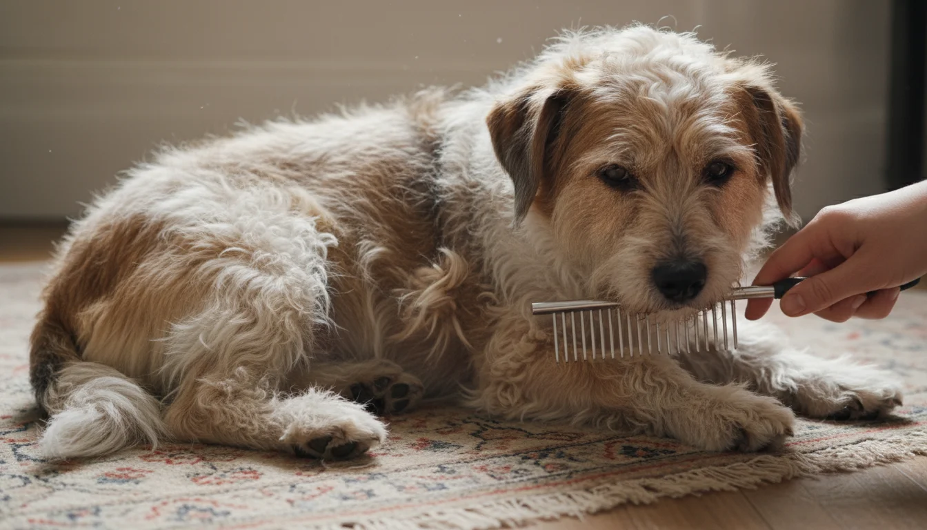 A shaggy dog lies on a rug with noticeable mats in its fur. A human hand uses a comb to gently untangle a mat.
