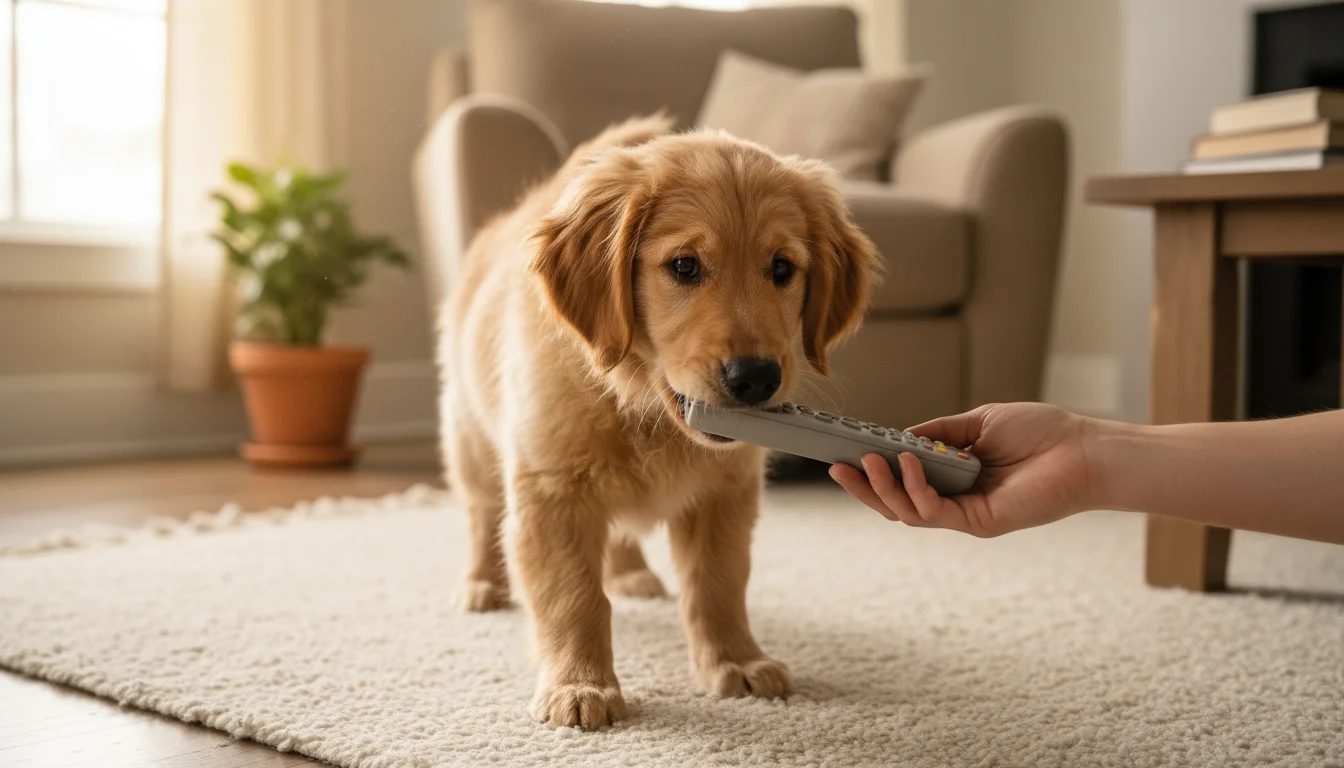 A shaggy golden retriever puppy drops a remote control onto a living room rug, an owner's hand visible below its muzzle.