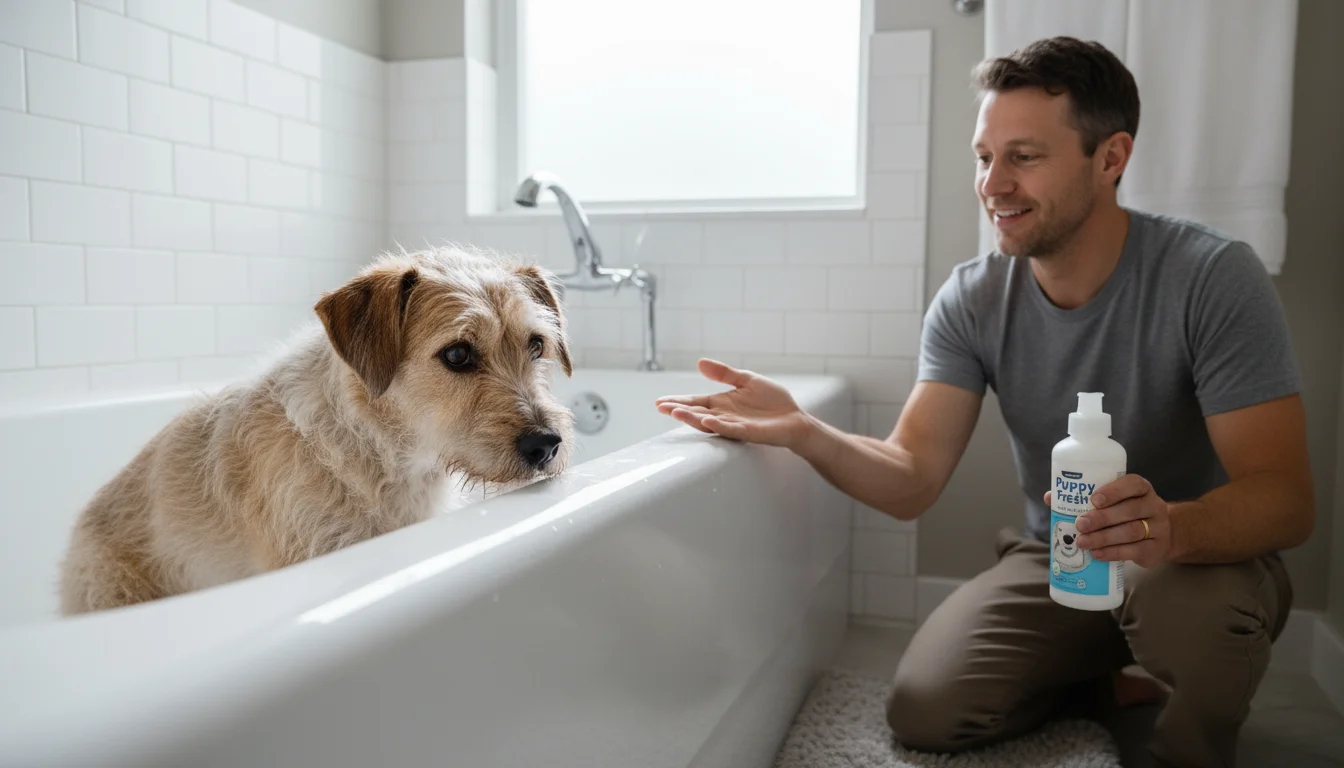 A shaggy-haired terrier mix sniffs the edge of a clean bathtub while a person kneels, holding dog shampoo.