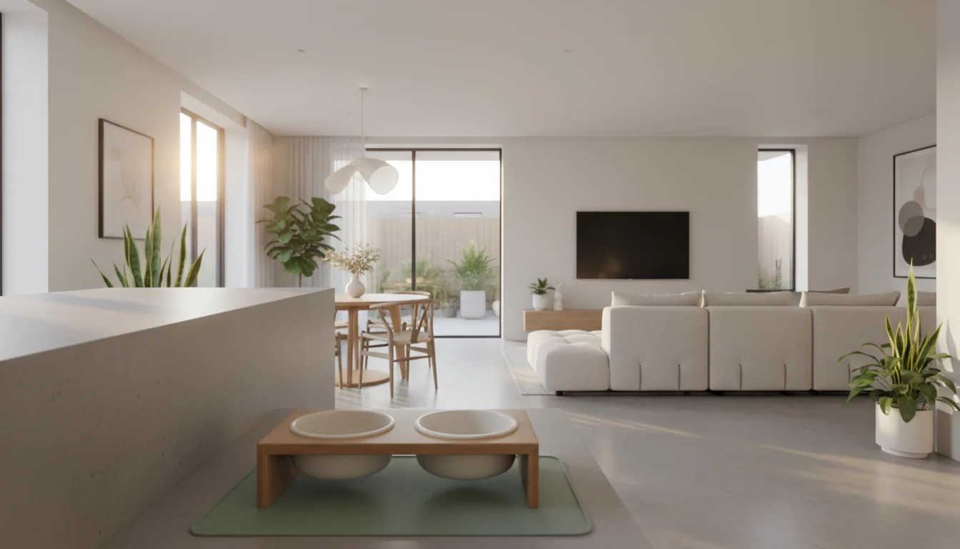 A Shiba Inu walks past a minimalist feeding station in a kitchen towards a cozy pet bed in an open-plan living room.