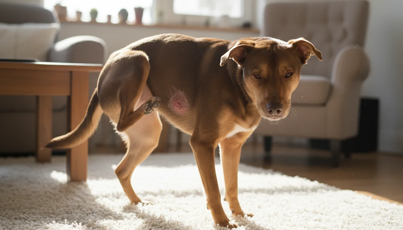 A short-haired brown dog vigorously scratches its flank with a hind leg, revealing a small reddish patch of irritated skin.