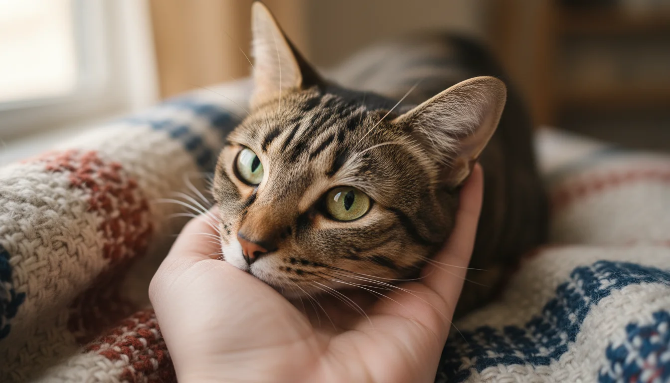 A close-up of a short-haired cat's head, showing one bright, clear eye and a clean, pale pink ear interior as it leans into a human hand.
