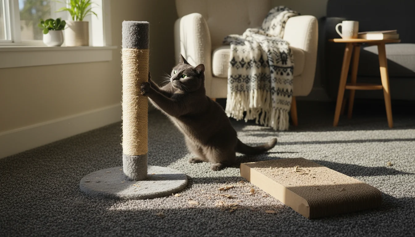 A short-haired cat stretches and scratches a sisal post in a sunny living room, with a cardboard scratcher nearby.