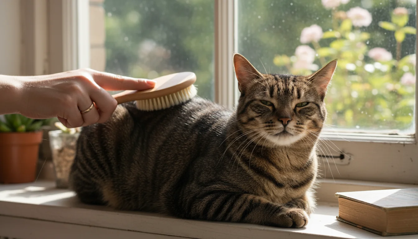 A short-haired tabby cat relaxes on a sunny windowsill as a human hand gently brushes its sleek fur.