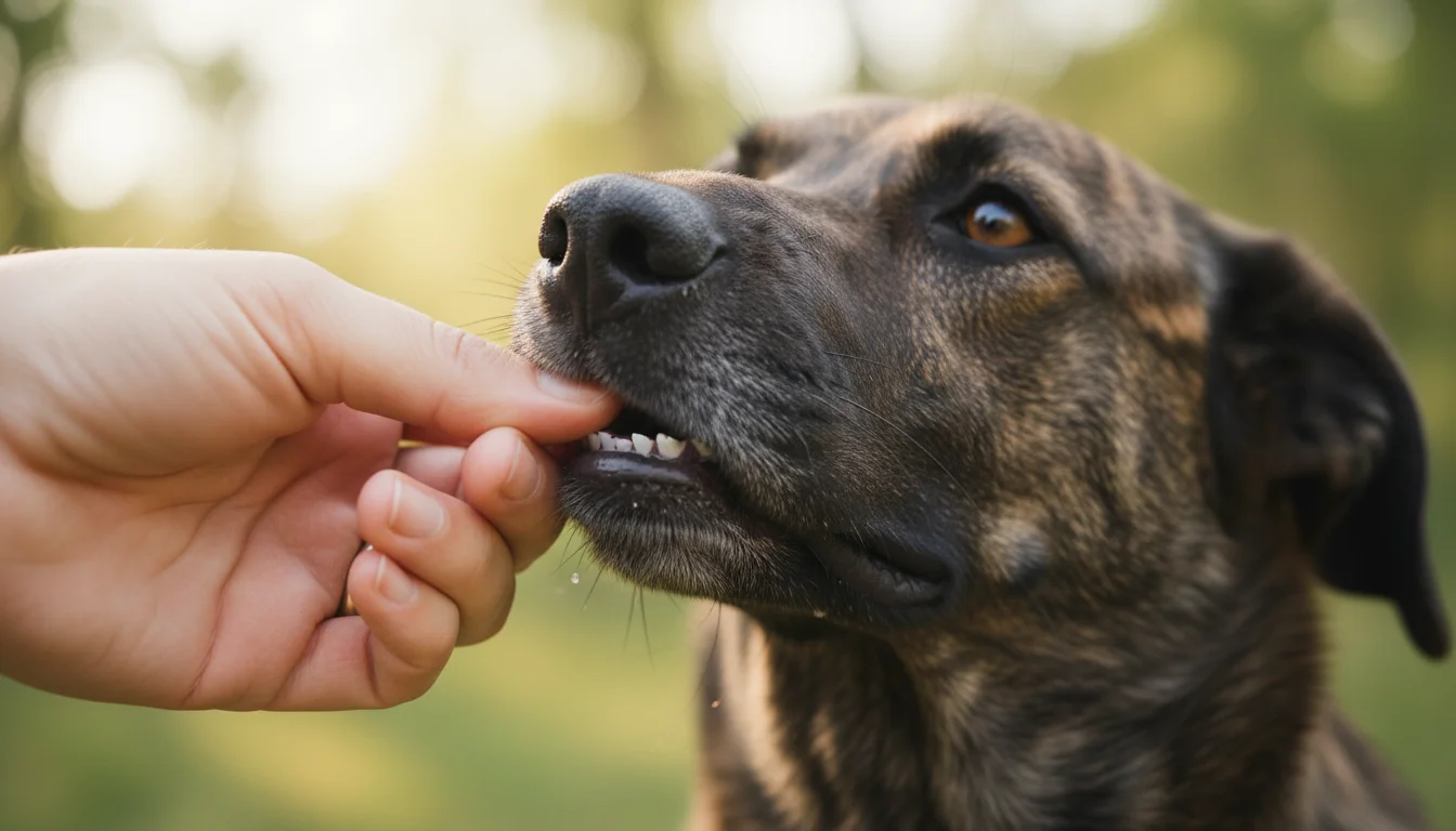 A close-up shows an adult's hand gently lifting a brindle dog's lip, revealing its healthy pink gums.
