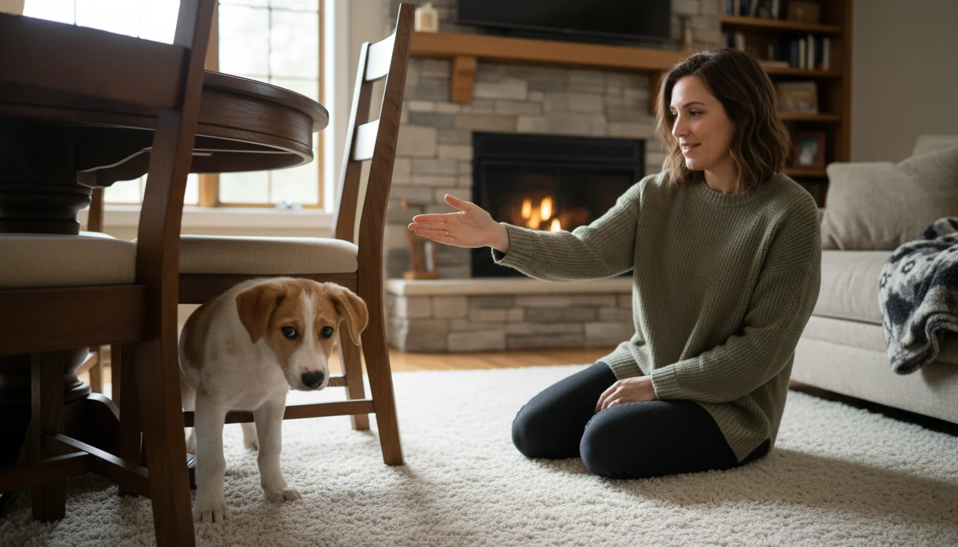 A shy young puppy peeking out from under a wooden chair while a concerned woman kneels nearby, offering a reassuring hand.
