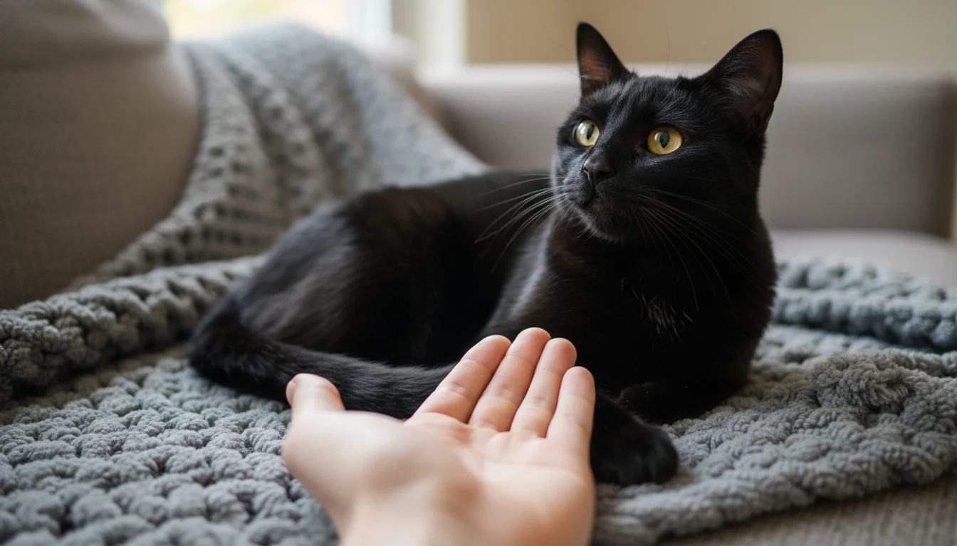 A sleek black cat with bright gold eyes sits on a grey blanket, looking up at an open human hand extended towards it.