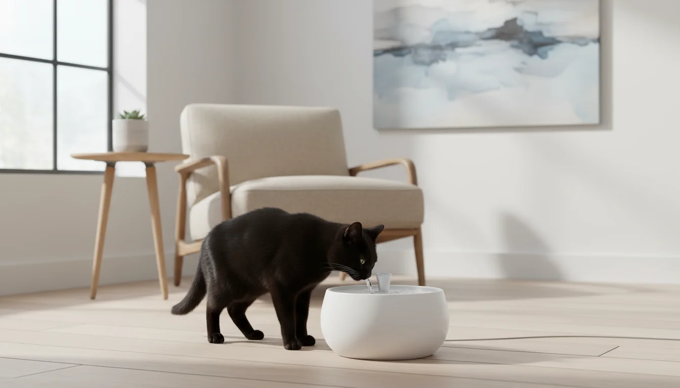 A sleek black cat drinks from a modern, white ceramic pet water fountain on a light wood floor in a sunlit room.