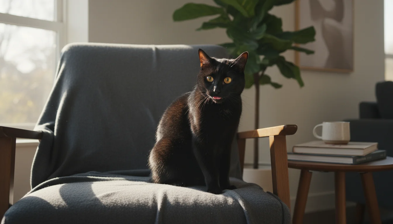 A sleek black cat pauses mid-groom on a dark grey blanket, looking intently at its flank in a sunlit room.