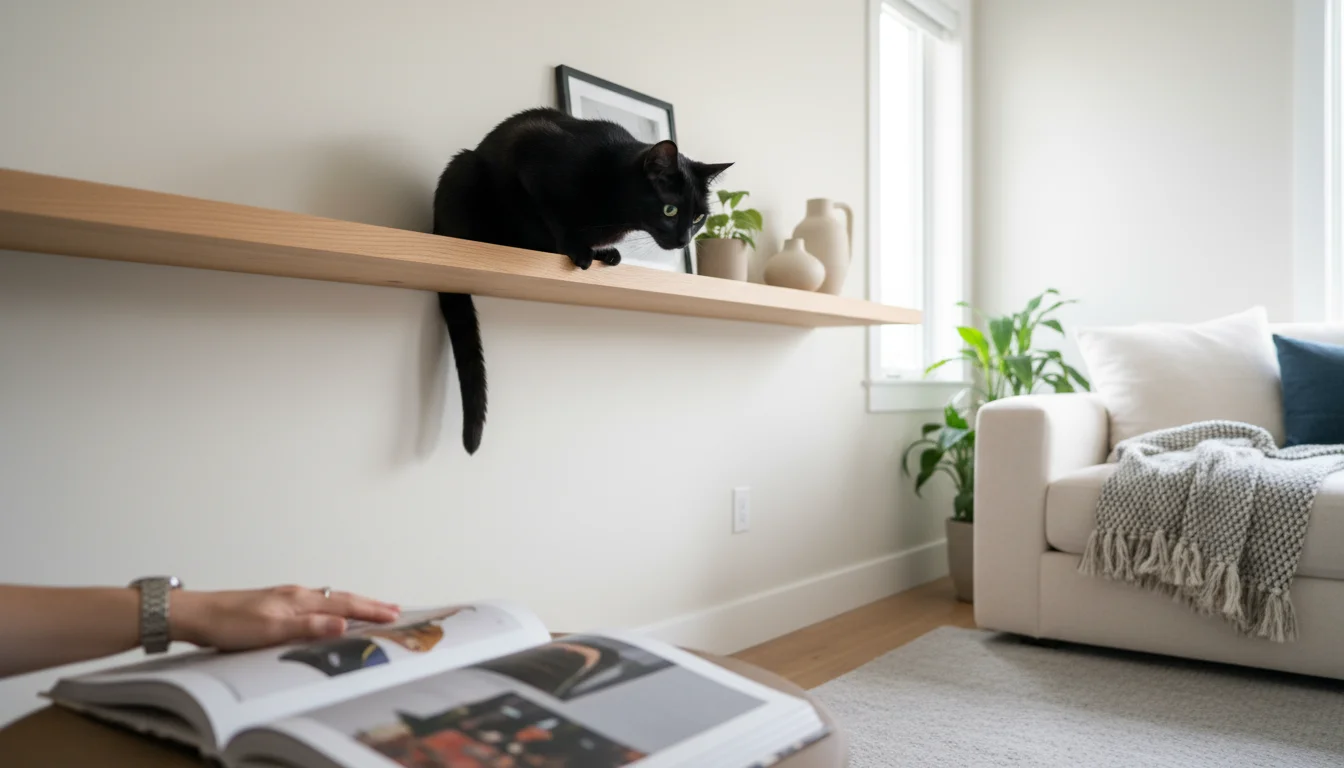 Sleek black cat perched on a modern wall shelf, looking down. A human hand rests on a book on a coffee table below.