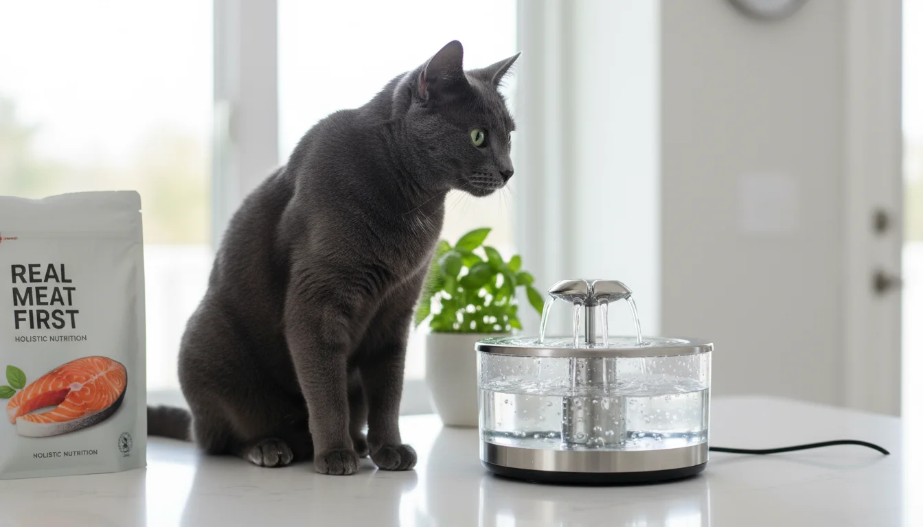 A sleek domestic shorthair cat on a kitchen counter beside a water fountain and a bag of premium cat food.