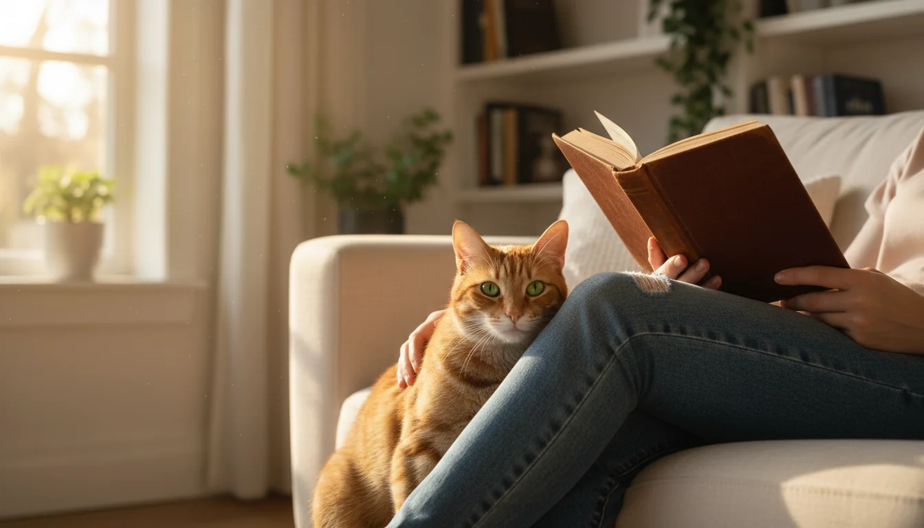 A sleek ginger tabby cat rubs its head against the jean-clad leg of a person reading on a sofa, bathed in soft sunlight.