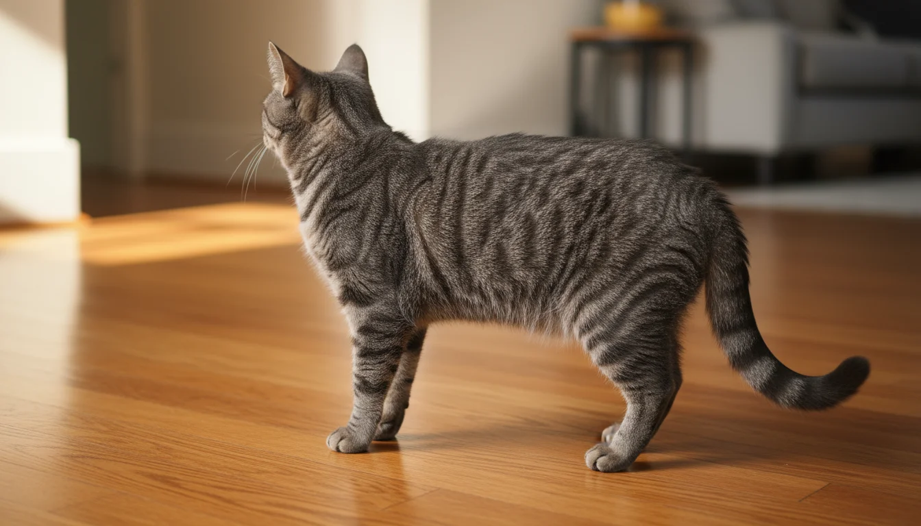 A sleek gray tabby cat stands on a wooden floor, viewed from a slight angle. Its body shows a healthy, defined waist and a subtle abdominal tuck.