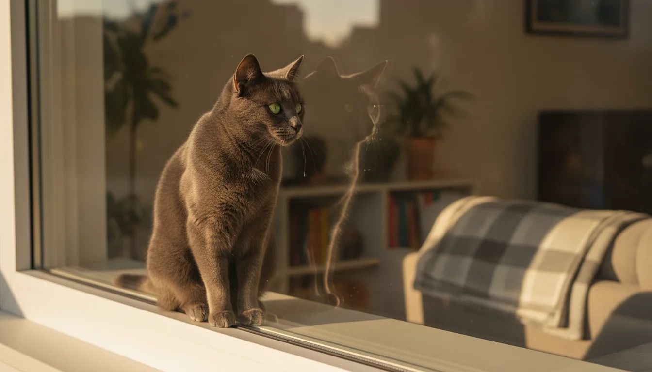 A sleek, short-haired cat with green eyes sits on a sunlit windowsill. A tiny line of saliva is visible at the corner of its mouth.