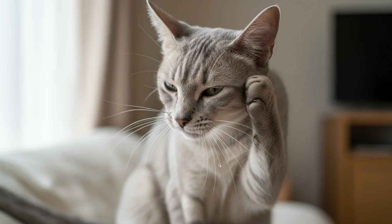 A sleek, short-haired cat uses a moistened front paw to meticulously clean behind its ear, eyes closed in concentration.
