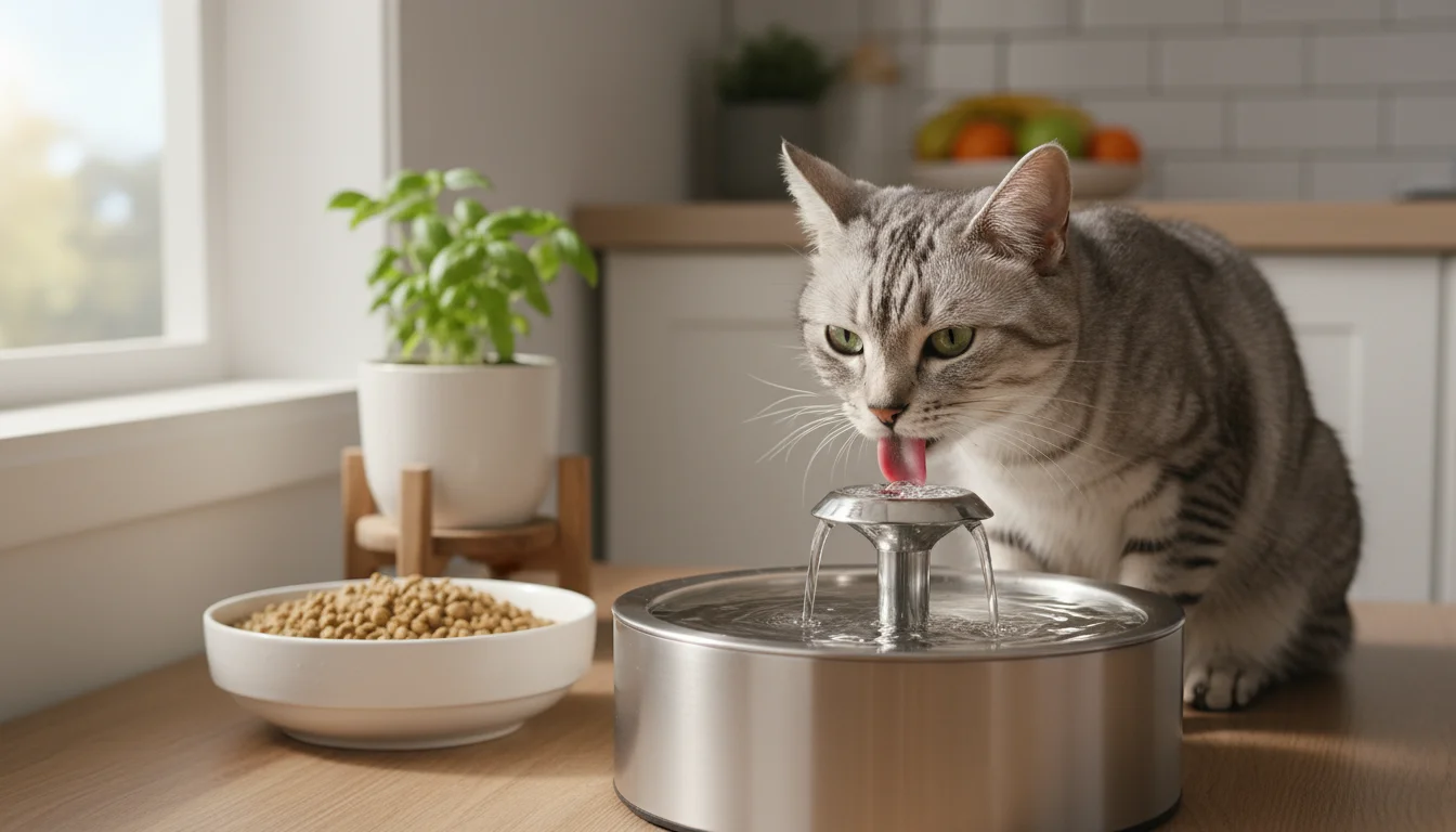 A sleek silver tabby cat contentedly laps fresh water from a modern stainless steel pet fountain on a sunlit kitchen floor.