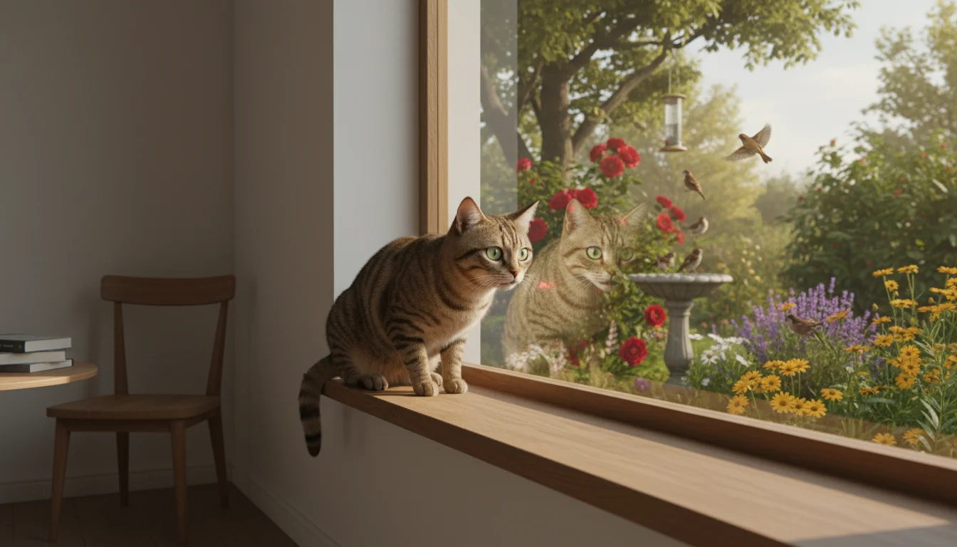 A sleek tabby cat sits on a bare windowsill, intently gazing out at a vibrant garden with birds, its subtle reflection showing a yearning.