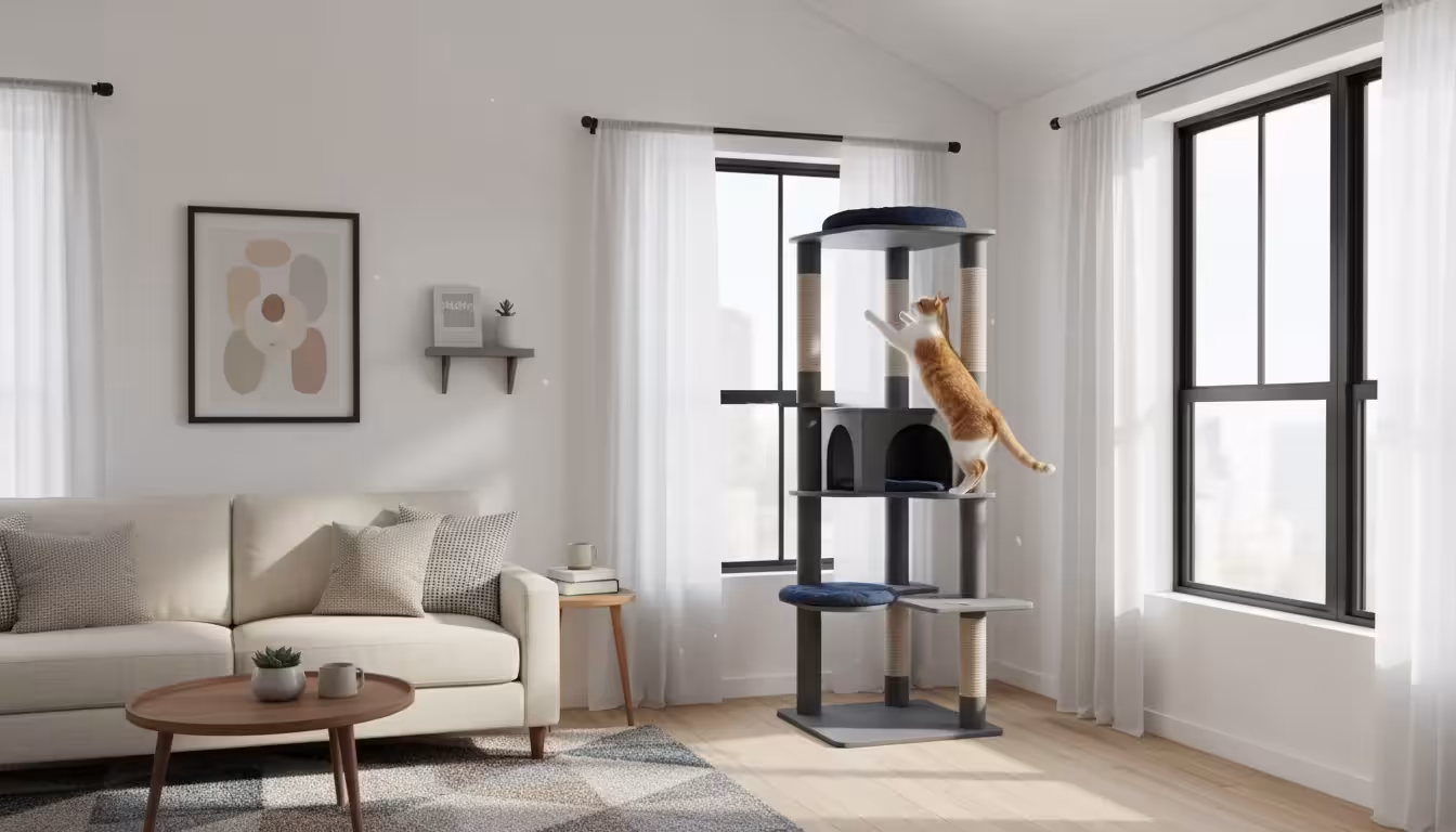 A sleek, tall, dark grey cat tree fills a bright corner in a small apartment. A nimble cat stretches upwards on a sisal post.