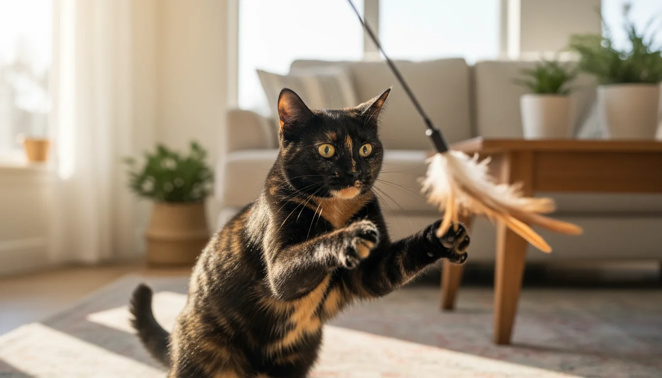 A sleek tortoiseshell adult cat mid-pounce, batting a feather toy, showing energy and good health in a sunlit room.