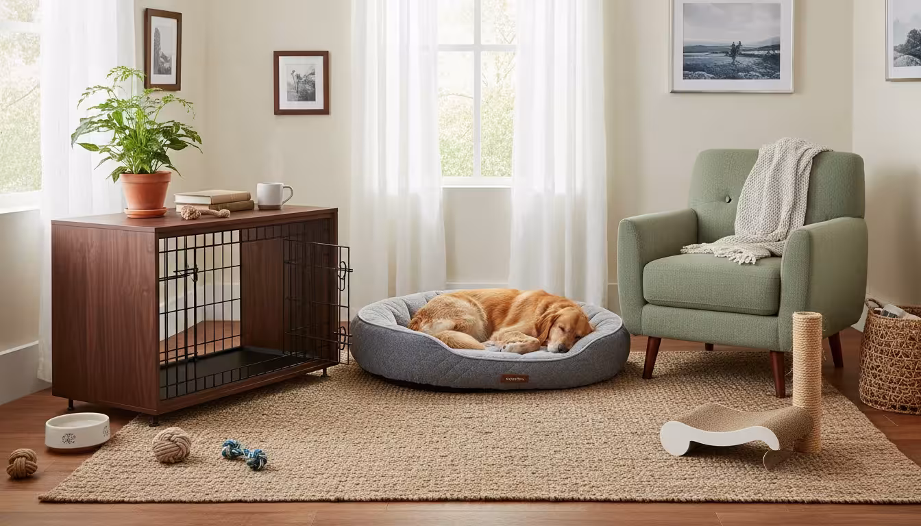 A sleeping Golden Retriever mix on a plush orthopedic bed next to a wooden crate end table; a tabby cat on a modern cat tree.
