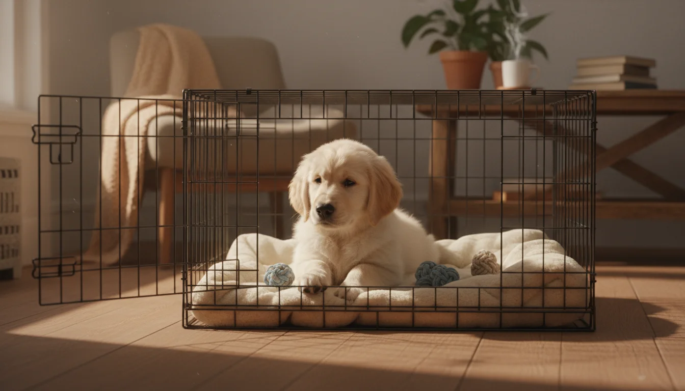 A sleepy light-colored puppy, around three months old, stirs in its open crate, looking towards the opening.