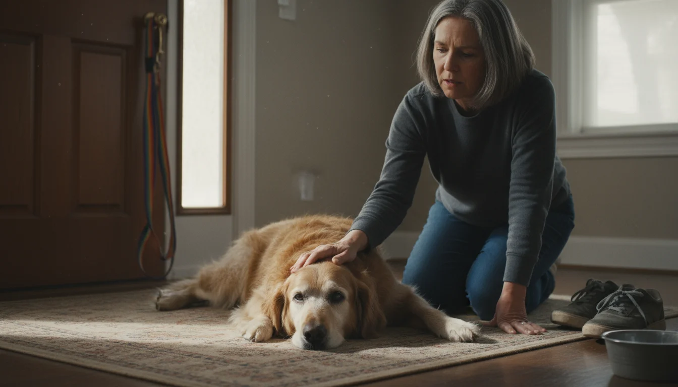 A slumped golden retriever lies on a rug near a front door, while a worried woman gently strokes its head.