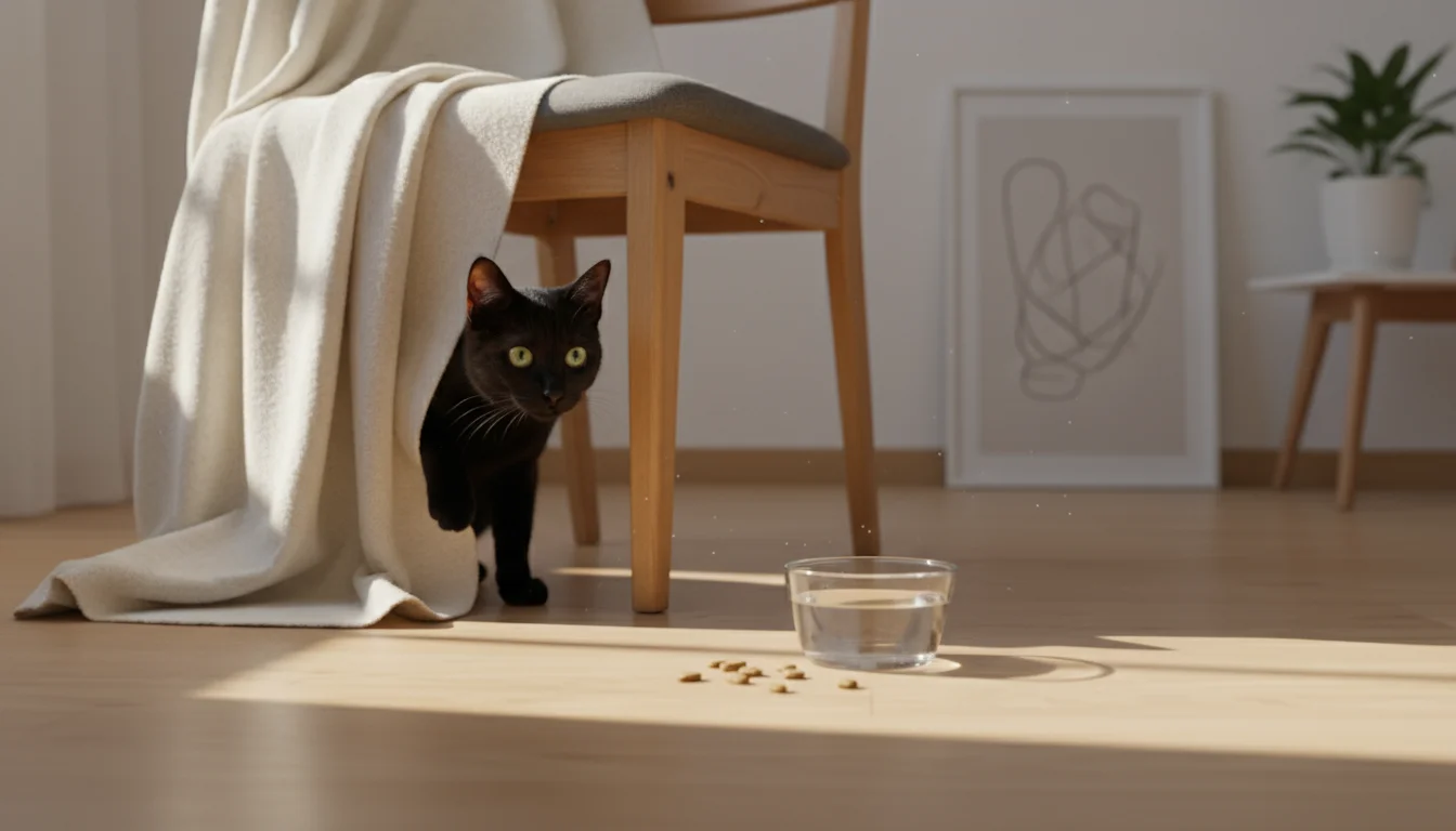 A small black cat peeks cautiously from behind a fleece blanket in a quiet, sunlit room, observing its new surroundings near food and water.