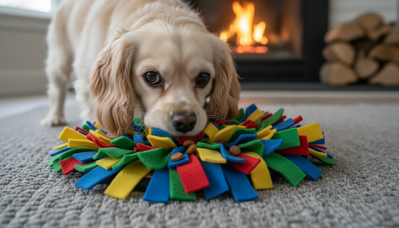 A small, cream-colored Cavalier King Charles Spaniel mix dog actively snuffles for hidden kibble in a vibrant, homemade fleece mat. The mat rests on a