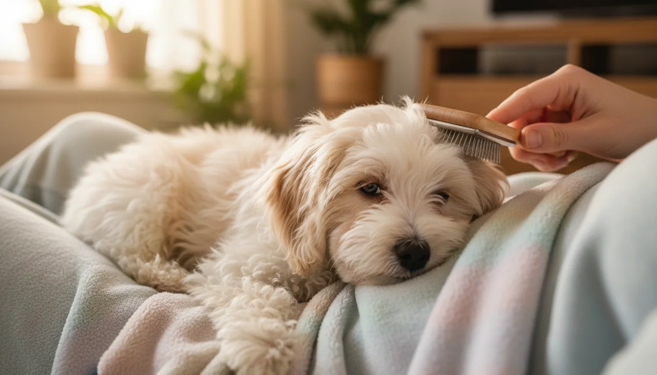 A small, fluffy Havanese puppy sits on a person's lap with eyes partly closed. A human hand gently brushes its ear.