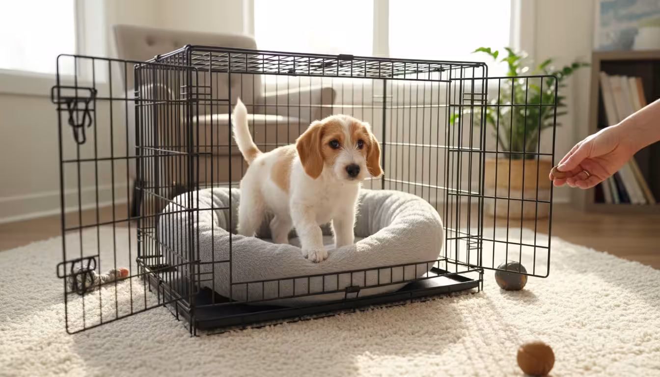 A small, fluffy puppy cautiously enters a soft bed inside an open crate, with a human hand gently offering a treat.