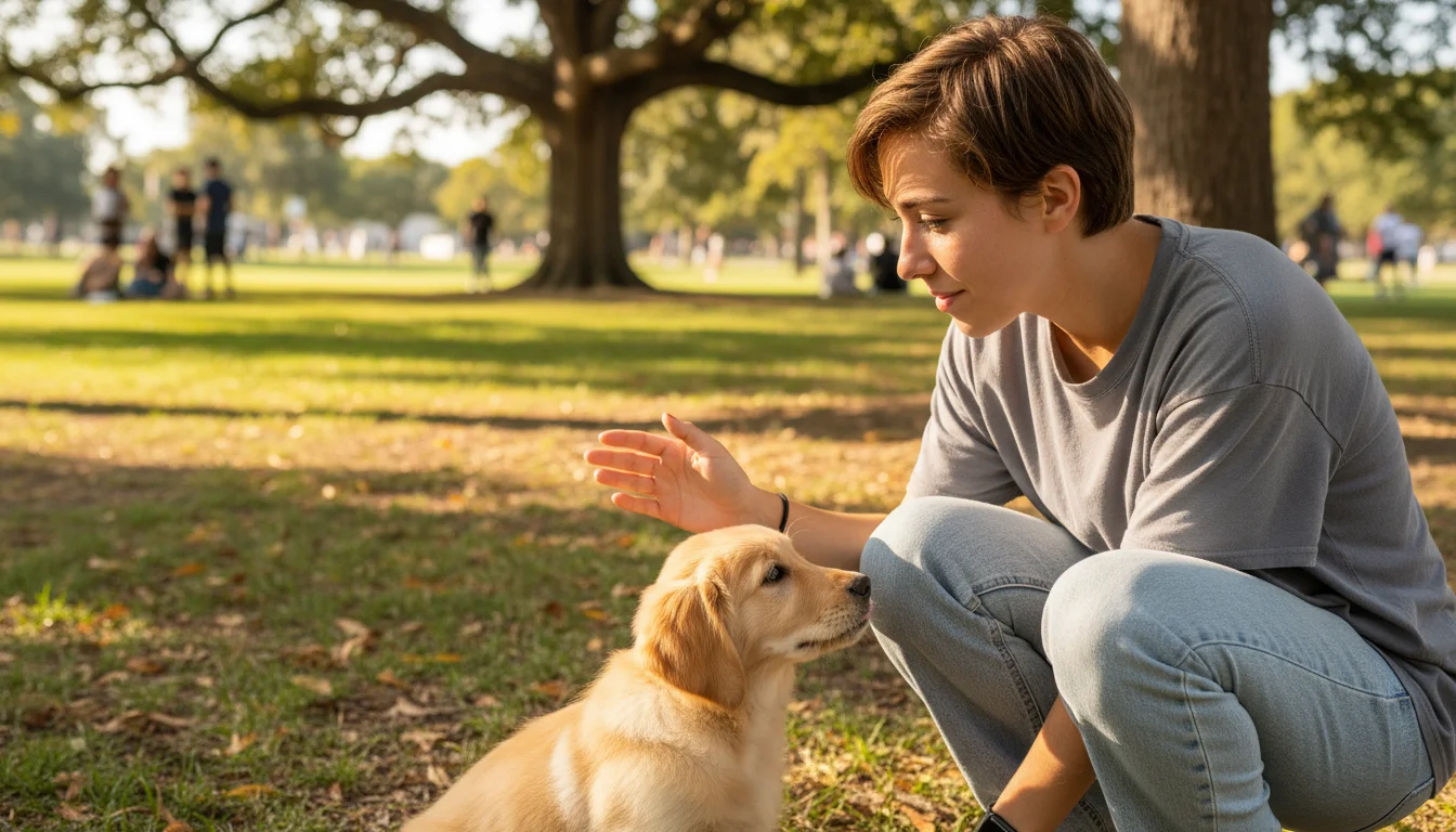 A small golden retriever puppy, looking slightly stressed, leans into a crouching person's leg in a sunny park as the person looks at it with concern.