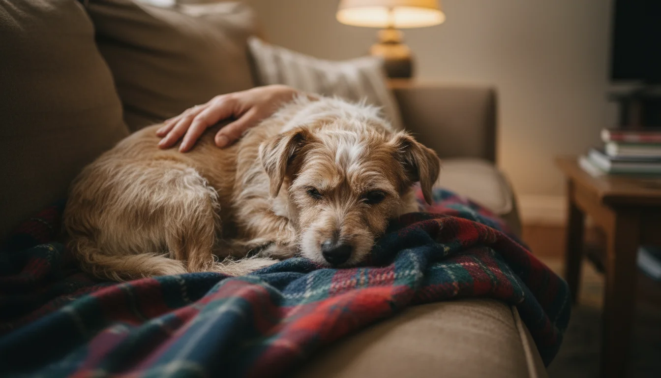 Small scruffy dog curled up tightly on a plaid blanket on a sofa, appearing lethargic. An adult hand gently pets its back.