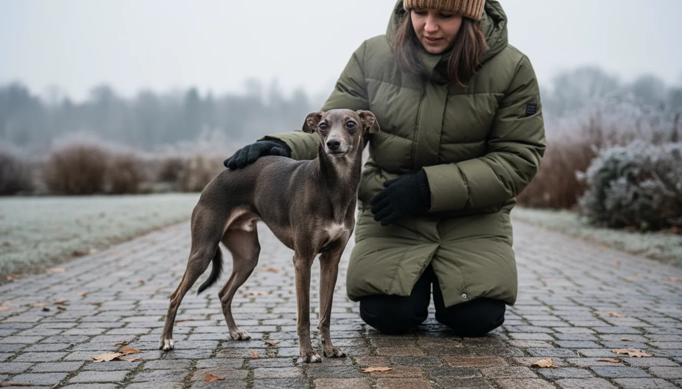 A small, short-haired Italian Greyhound or Chihuahua looks chilly on a frosty path, observed by its kneeling owner.