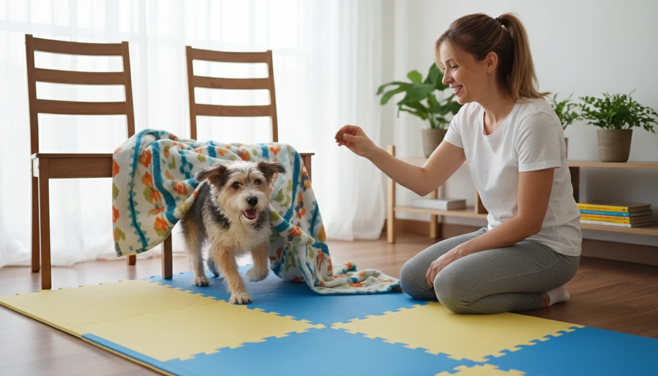 A small terrier mix dog exits a blanket tunnel, part of a DIY indoor agility course, as a woman offers praise and a treat.