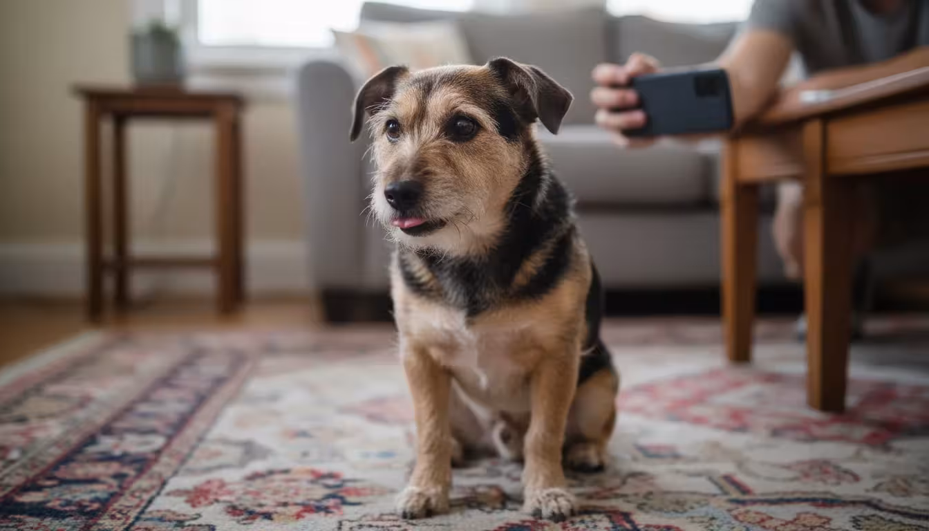 A small terrier mix dog sits stiffly on a rug, looking anxious. An owner watches from the background with a worried expression.