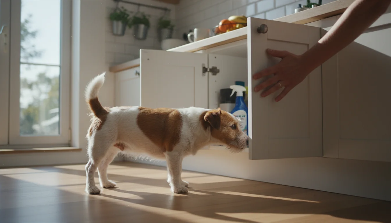 A small terrier mix dog sniffs a partially open kitchen cabinet with a cleaning bottle inside, a hand reaching to close it.