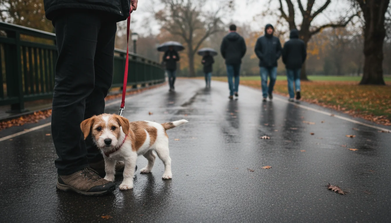A small, timid terrier-mix puppy huddles by its owner's leg on a park path, looking overwhelmed by passing people and dogs.